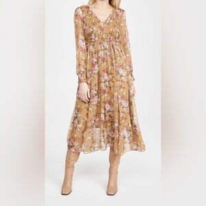 Anthropologie O.P.T. Floral V Neck Long Sleeve Midi Dress Yellow/Gold